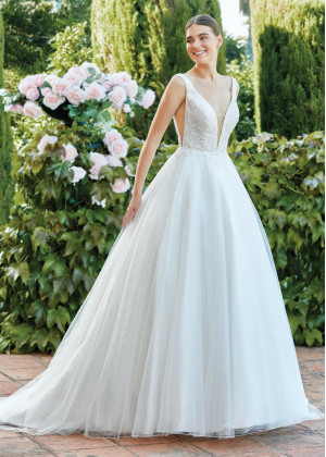 Beaded Ivory Lace Sparkle Tulle Deep V Back Wedding Dress